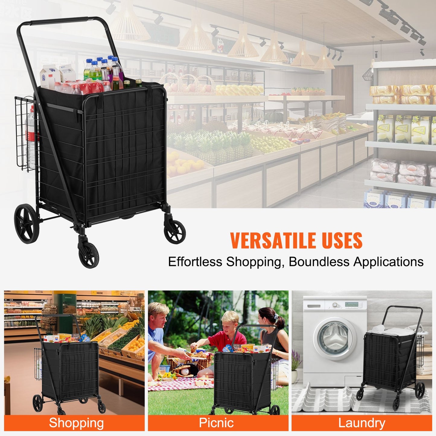 Folding Shopping Cart with Removable Waterproof Liner, 149.7kg Large Capacity Jumbo Grocery Cart with Dual Basket, 360° Swivel Wheels, Dense Metal Mesh Base, Heavy Duty Utility Cart for Shopping