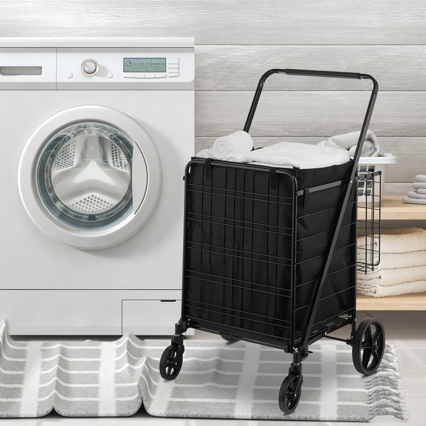 Folding Shopping Cart with Removable Waterproof Liner, 149.7kg Large Capacity Jumbo Grocery Cart with Dual Basket, 360° Swivel Wheels, Dense Metal Mesh Base, Heavy Duty Utility Cart for Shopping