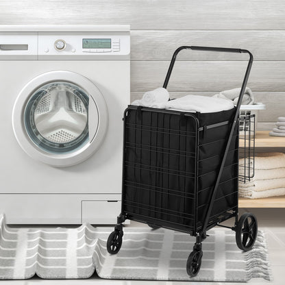 Folding Shopping Cart with Removable Waterproof Liner, 149.7kg Large Capacity Jumbo Grocery Cart with Dual Basket, 360° Swivel Wheels, Dense Metal Mesh Base, Heavy Duty Utility Cart for Shopping