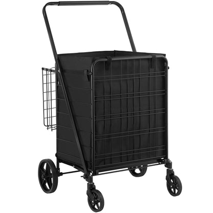 Folding Shopping Cart with Removable Waterproof Liner, 149.7kg Large Capacity Jumbo Grocery Cart with Dual Basket, 360° Swivel Wheels, Dense Metal Mesh Base, Heavy Duty Utility Cart for Shopping