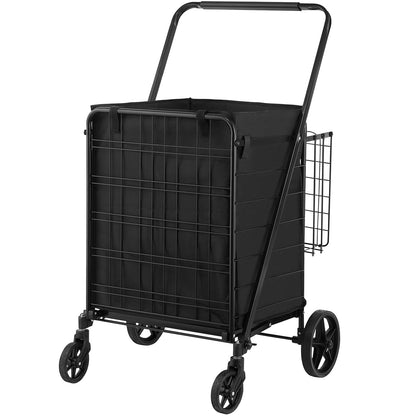 Folding Shopping Cart with Removable Waterproof Liner, 149.7kg Large Capacity Jumbo Grocery Cart with Dual Basket, 360° Swivel Wheels, Dense Metal Mesh Base, Heavy Duty Utility Cart for Shopping