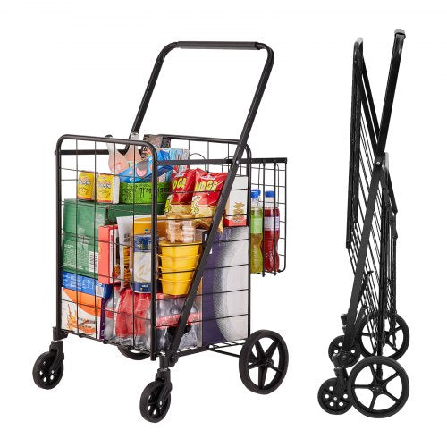Folding Shopping Cart, Jumbo Grocery Cart with Double Baskets, 360° Swivel Wheels, Heavy Duty Utility Cart, 110 LBS Large Capacity Utility Cart for Laundry, Shopping, Grocery, Luggage