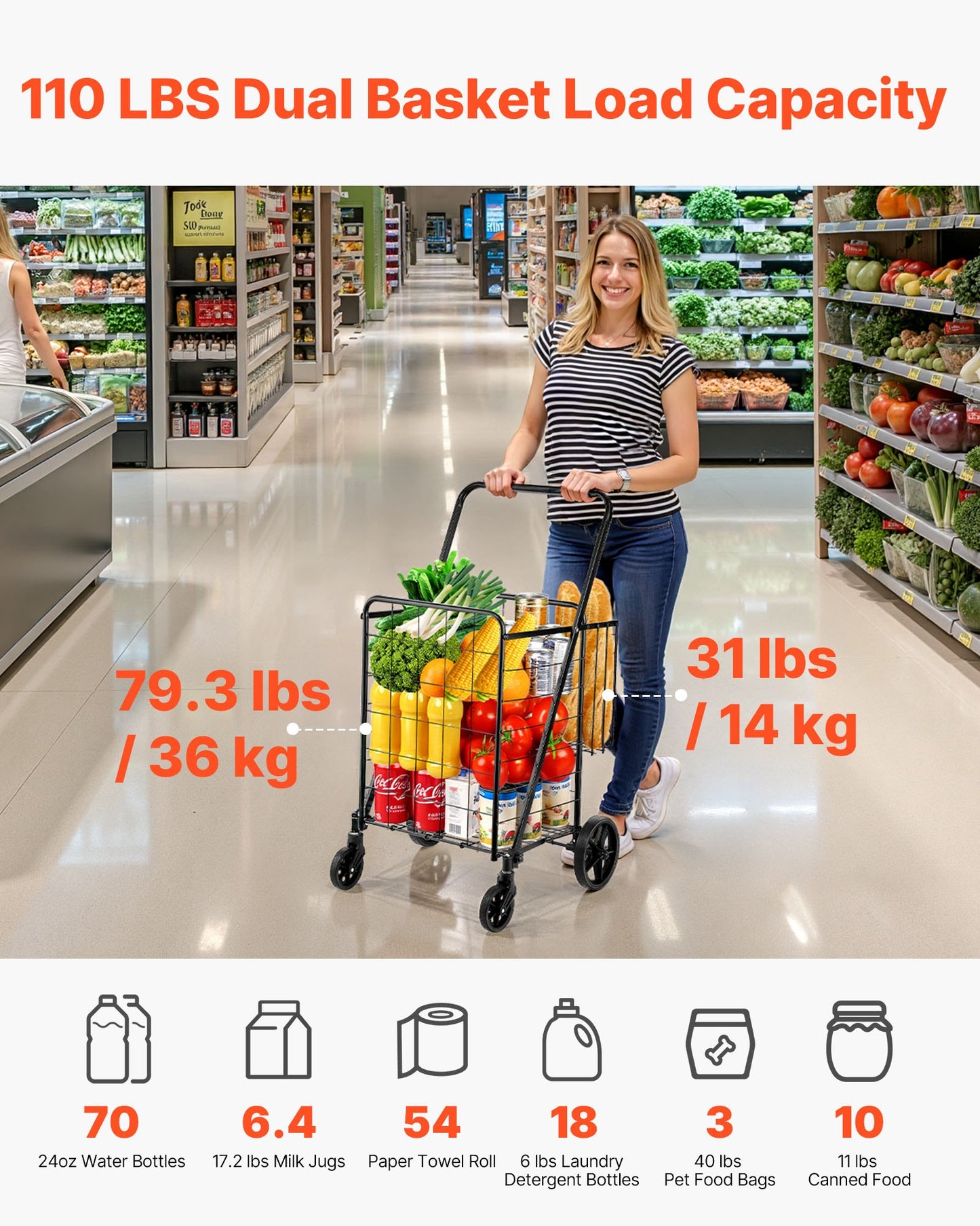 Folding Shopping Cart, Jumbo Grocery Cart with Double Baskets, 360° Swivel Wheels, Heavy Duty Utility Cart, 110 LBS Large Capacity Utility Cart for Laundry, Shopping, Grocery, Luggage