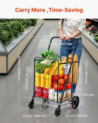 Folding Shopping Cart, Jumbo Grocery Cart with Double Baskets, 360° Swivel Wheels, Heavy Duty Utility Cart, 110 LBS Large Capacity Utility Cart for Laundry, Shopping, Grocery, Luggage