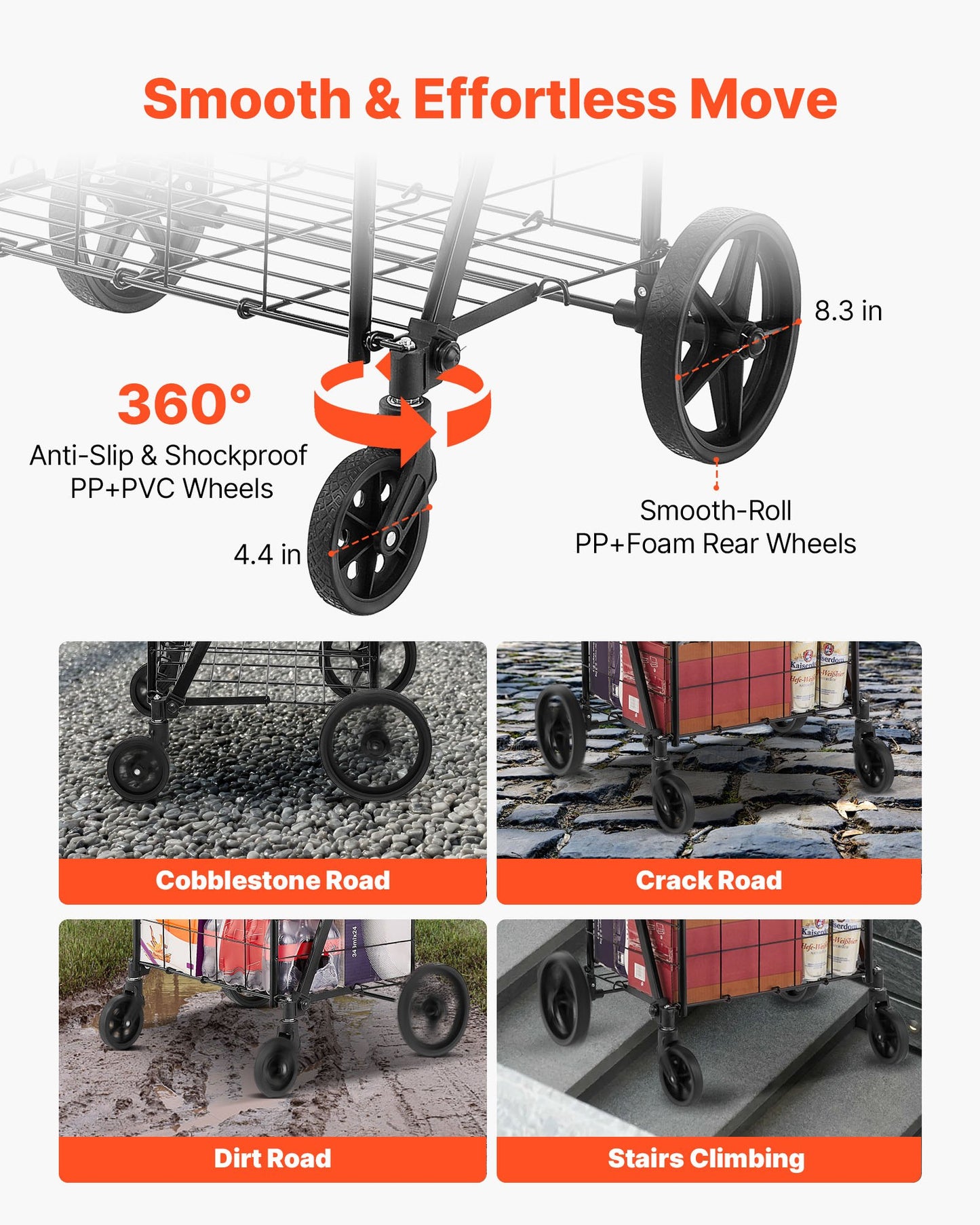 Folding Shopping Cart, Jumbo Grocery Cart with Double Baskets, 360° Swivel Wheels, Heavy Duty Utility Cart, 110 LBS Large Capacity Utility Cart for Laundry, Shopping, Grocery, Luggage