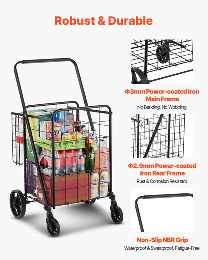 Folding Shopping Cart, Jumbo Grocery Cart with Double Baskets, 360° Swivel Wheels, Heavy Duty Utility Cart, 110 LBS Large Capacity Utility Cart for Laundry, Shopping, Grocery, Luggage