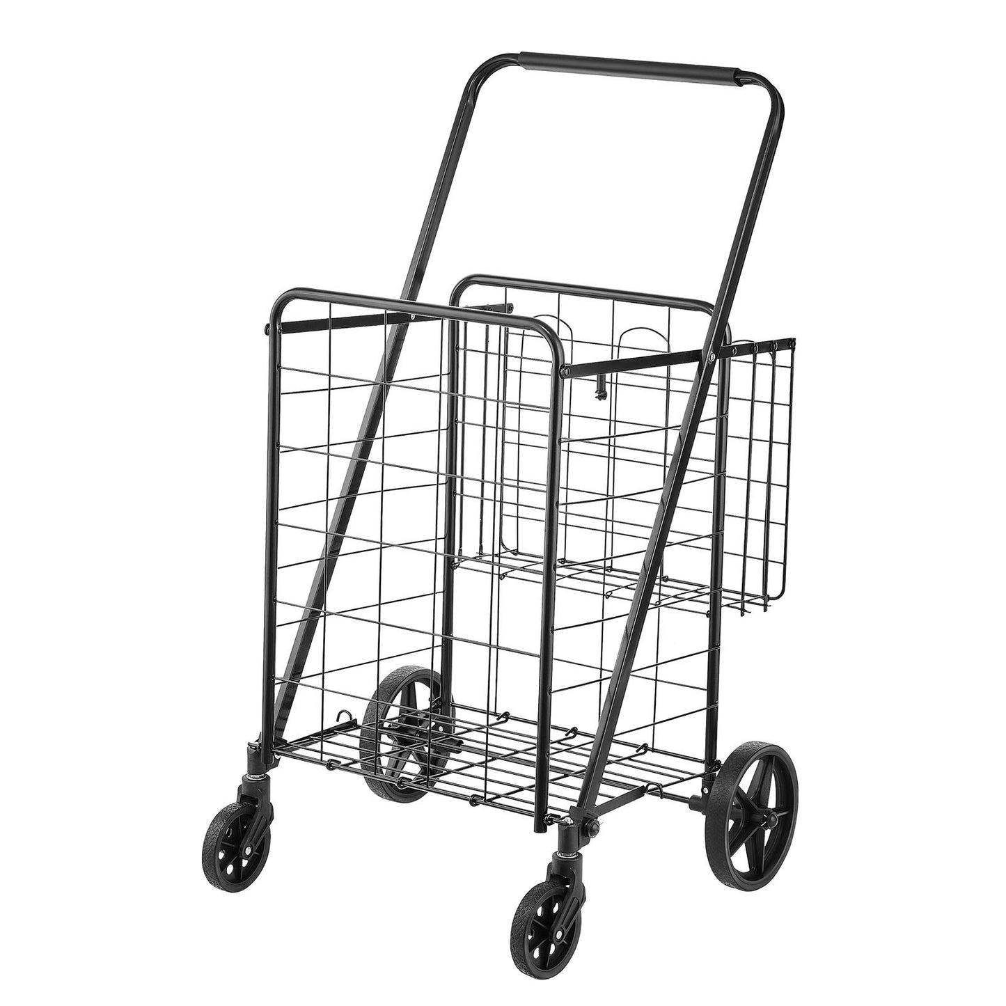 Folding Shopping Cart, Jumbo Grocery Cart with Double Baskets, 360° Swivel Wheels, Heavy Duty Utility Cart, 110 LBS Large Capacity Utility Cart for Laundry, Shopping, Grocery, Luggage