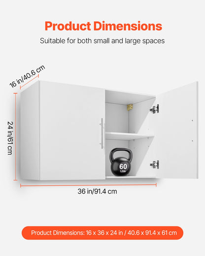 Laundry Room Wall Cabinet, 2-Tier Wall Mounted Hanging Cabinet with 2 Doors, Cupboard Organizer with Adjustable Shelf, for Bathroom, Kitchen, Garage, Laundry, 16 x 36 x 24 in (D x W x H), White