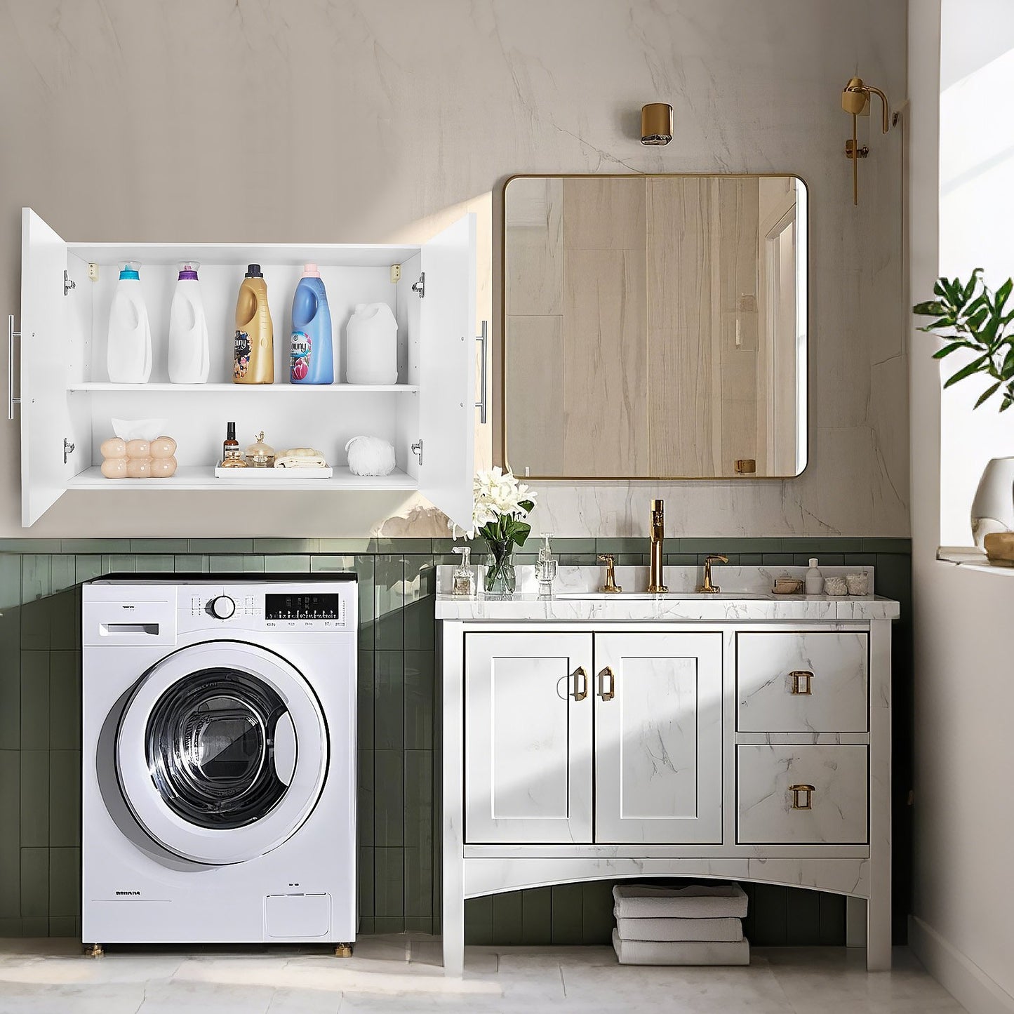 Laundry Room Wall Cabinet, 2-Tier Wall Mounted Hanging Cabinet with 2 Doors, Cupboard Organizer with Adjustable Shelf, for Bathroom, Kitchen, Garage, Laundry, 16 x 36 x 24 in (D x W x H), White