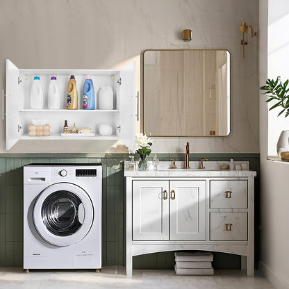 Laundry Room Wall Cabinet, 2-Tier Wall Mounted Hanging Cabinet with 2 Doors, Cupboard Organizer with Adjustable Shelf, for Bathroom, Kitchen, Garage, Laundry, 16 x 36 x 24 in (D x W x H), White