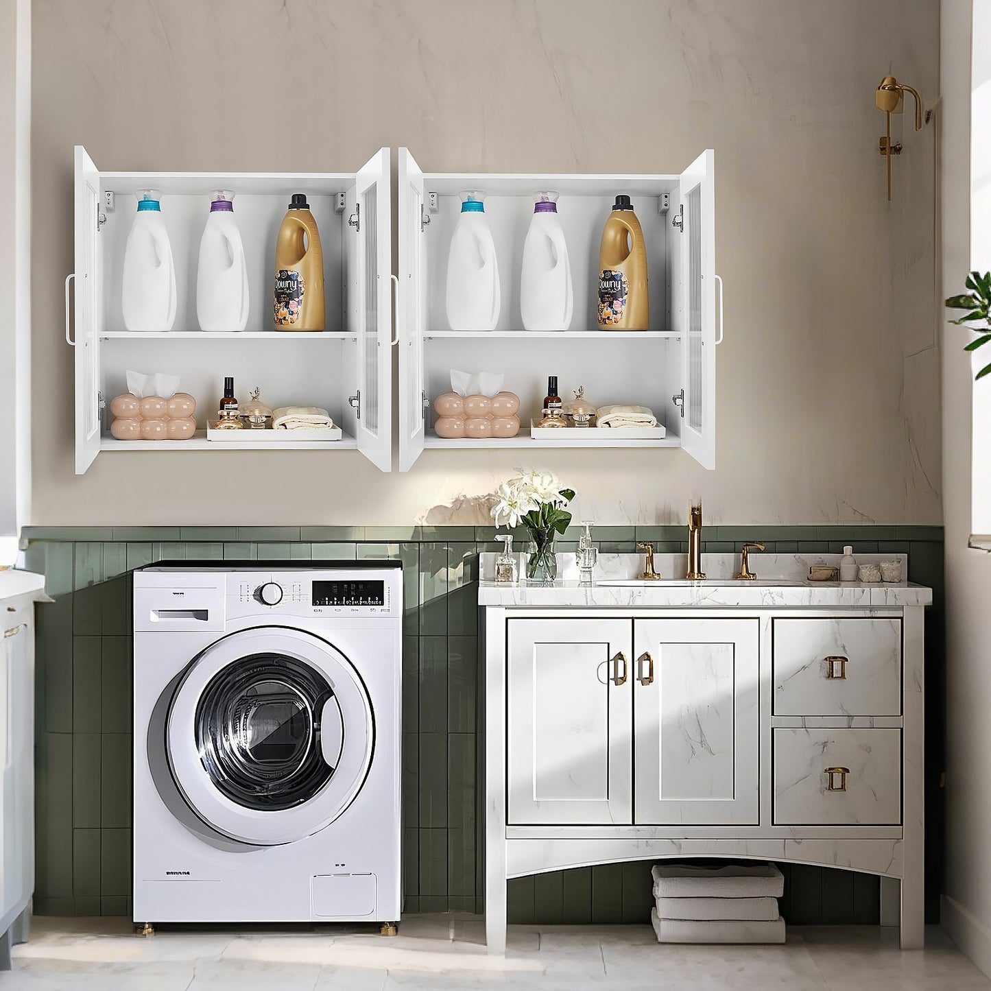 Laundry Room Wall Cabinet, 2-Tier Wall Mounted Cabinet with 4 Doors, Cupboard Organizer with Adjustable Shelf, for Kitchen, Garage, Laundry, Set of 2, Each 12 x 24 x 24 in (D x W x H), White