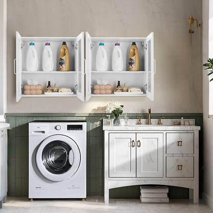 Laundry Room Wall Cabinet, 2-Tier Wall Mounted Cabinet with 4 Doors, Cupboard Organizer with Adjustable Shelf, for Kitchen, Garage, Laundry, Set of 2, Each 12 x 24 x 24 in (D x W x H), White