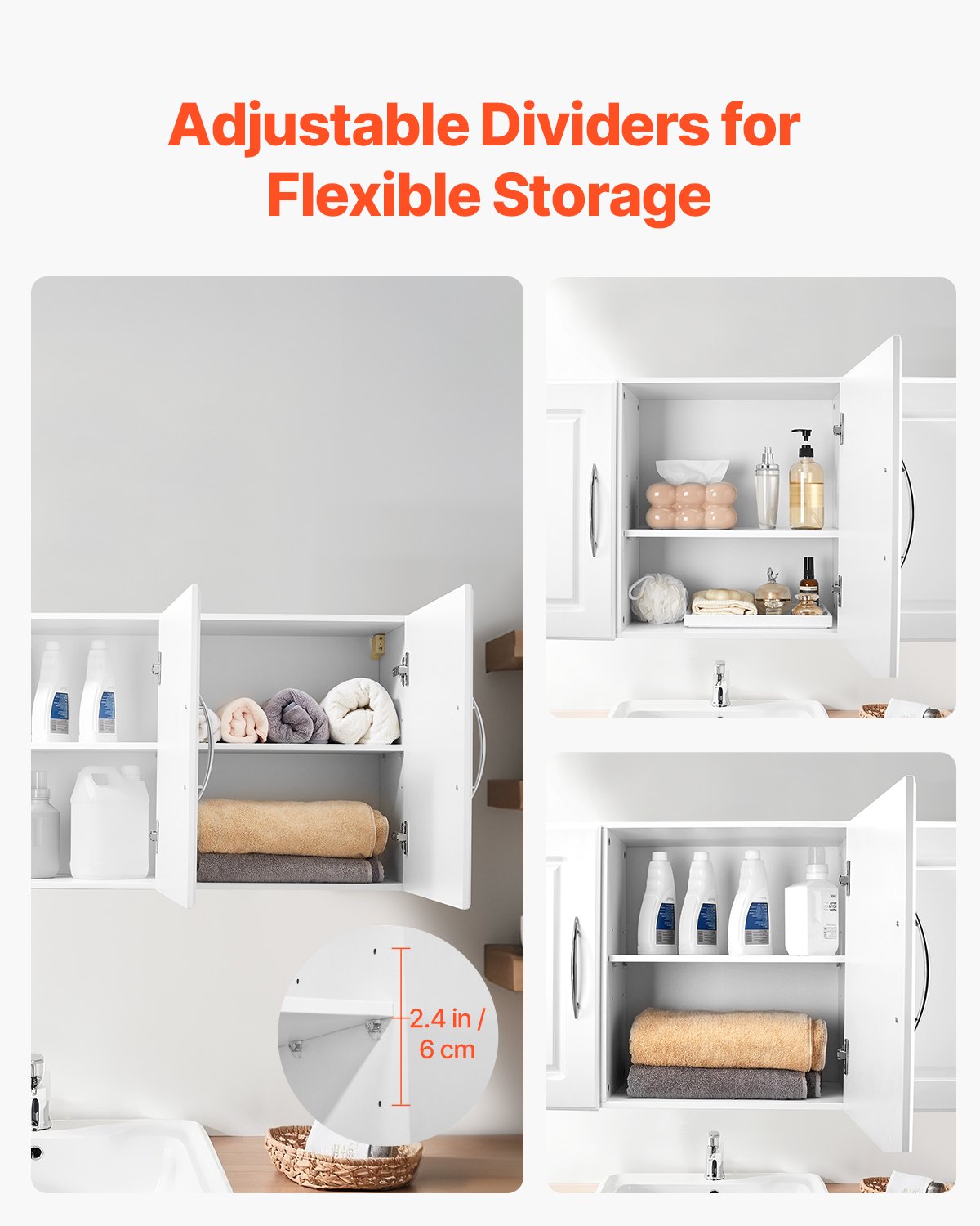 Laundry Room Wall Cabinet, 2-Tier Wall Mounted Hanging Cabinet with 3 Doors, Cupboard Organizer with Adjustable Shelf, for Kitchen, Garage, Laundry, 12.44 x 54 x 20.31 in (D x W x H), White