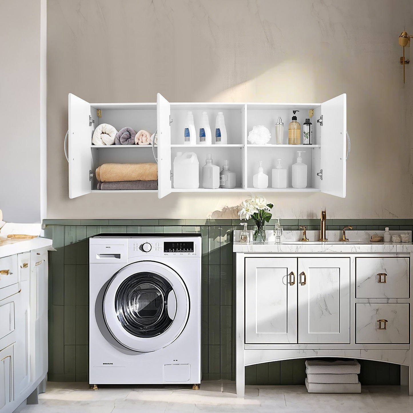 Laundry Room Wall Cabinet, 2-Tier Wall Mounted Hanging Cabinet with 3 Doors, Cupboard Organizer with Adjustable Shelf, for Kitchen, Garage, Laundry, 12.44 x 54 x 20.31 in (D x W x H), White