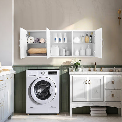 Laundry Room Wall Cabinet, 2-Tier Wall Mounted Hanging Cabinet with 3 Doors, Cupboard Organizer with Adjustable Shelf, for Kitchen, Garage, Laundry, 12.44 x 54 x 20.31 in (D x W x H), White