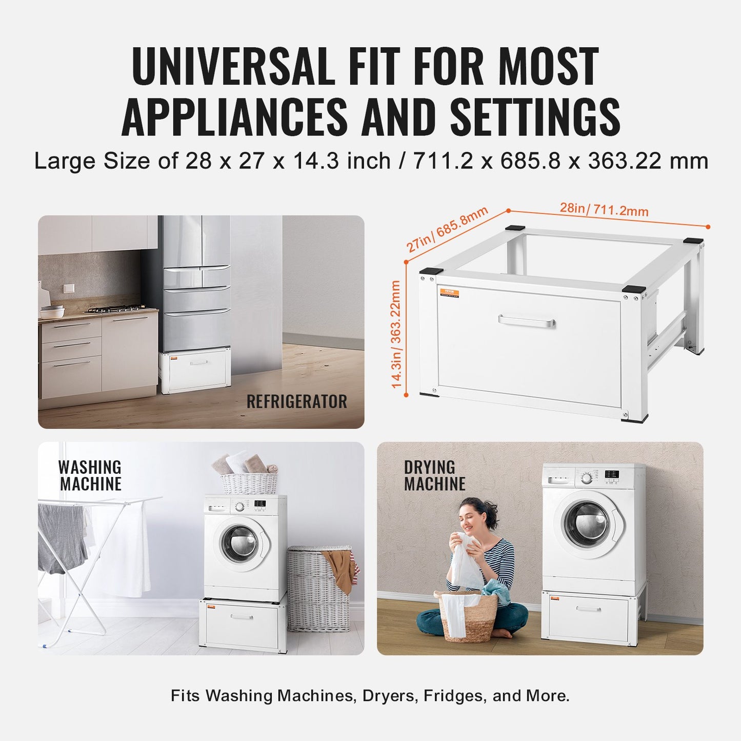 Laundry Pedestal 686mmW x 366mmH, Washer And Dryer Base Stand Platform Universal Fit 299kg Capacity, Heavy Duty Multi-Functional Base for Washing Machine with Drawer & Rich Accessories