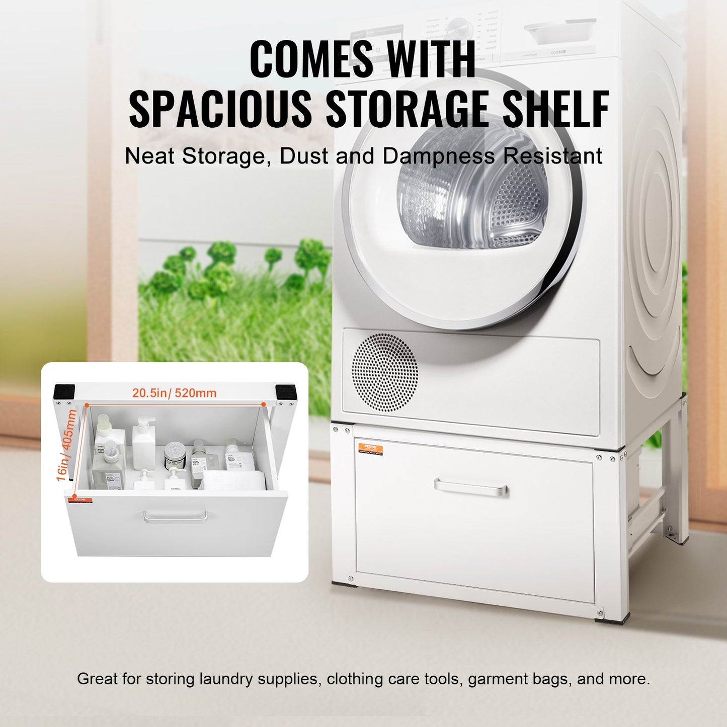 Laundry Pedestal 686mmW x 366mmH, Washer And Dryer Base Stand Platform Universal Fit 299kg Capacity, Heavy Duty Multi-Functional Base for Washing Machine with Drawer & Rich Accessories