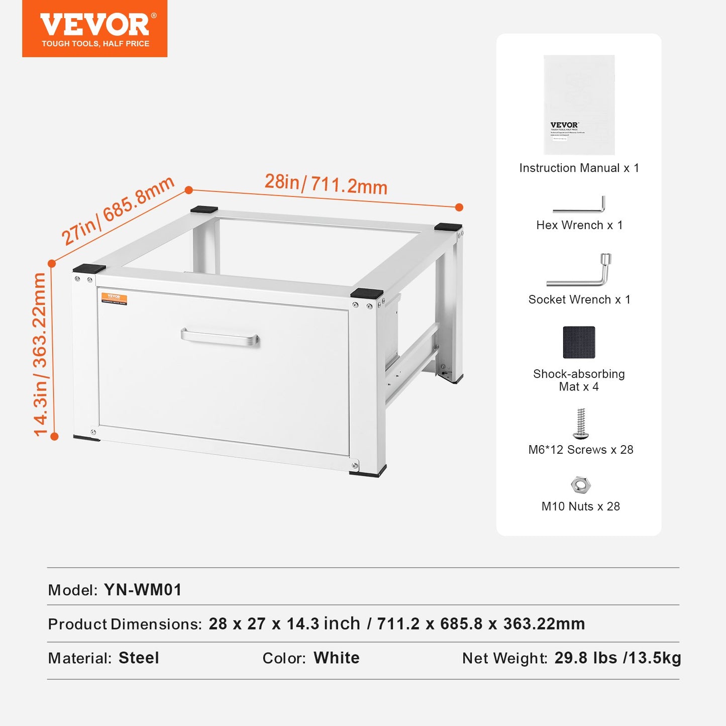 Laundry Pedestal 686mmW x 366mmH, Washer And Dryer Base Stand Platform Universal Fit 299kg Capacity, Heavy Duty Multi-Functional Base for Washing Machine with Drawer & Rich Accessories
