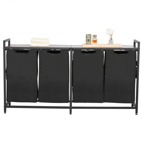 4 Section Laundry Sorter, Large Laundry Hamper with Metal Frame and Wooden Tabletop, Freestanding Storage Organizer Baskets with Pull-Out 600D Oxford Cloth Bags for Dirty Clothes, Bathroom