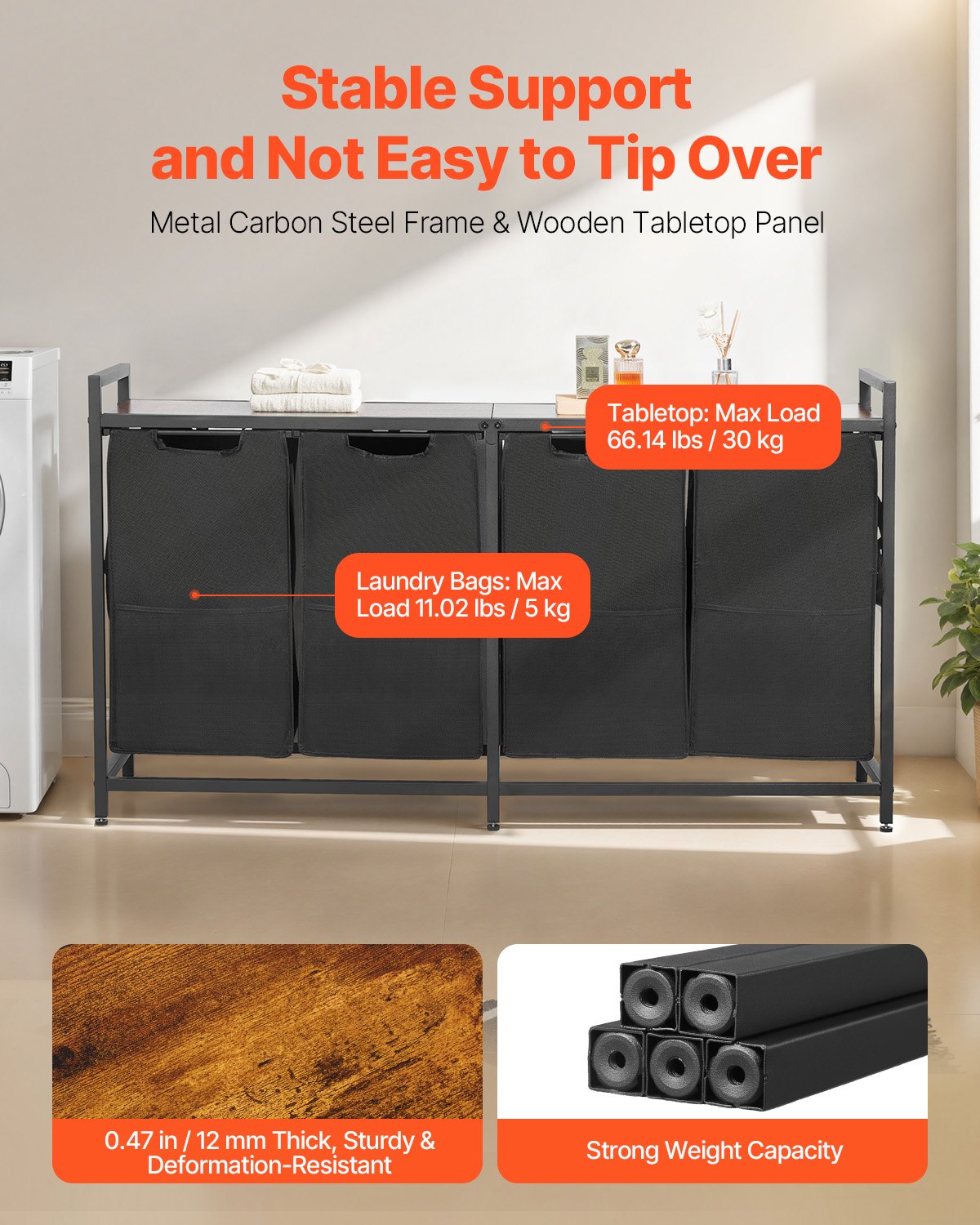 4 Section Laundry Sorter, Large Laundry Hamper with Metal Frame and Wooden Tabletop, Freestanding Storage Organizer Baskets with Pull-Out 600D Oxford Cloth Bags for Dirty Clothes, Bathroom