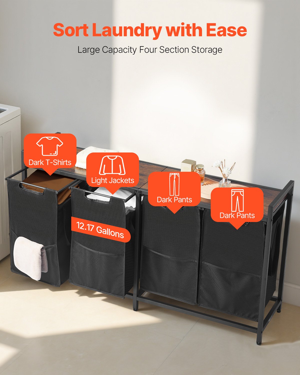 4 Section Laundry Sorter, Large Laundry Hamper with Metal Frame and Wooden Tabletop, Freestanding Storage Organizer Baskets with Pull-Out 600D Oxford Cloth Bags for Dirty Clothes, Bathroom