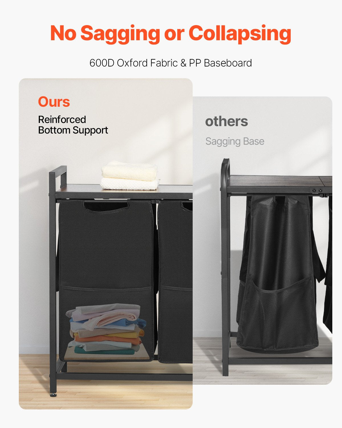 4 Section Laundry Sorter, Large Laundry Hamper with Metal Frame and Wooden Tabletop, Freestanding Storage Organizer Baskets with Pull-Out 600D Oxford Cloth Bags for Dirty Clothes, Bathroom