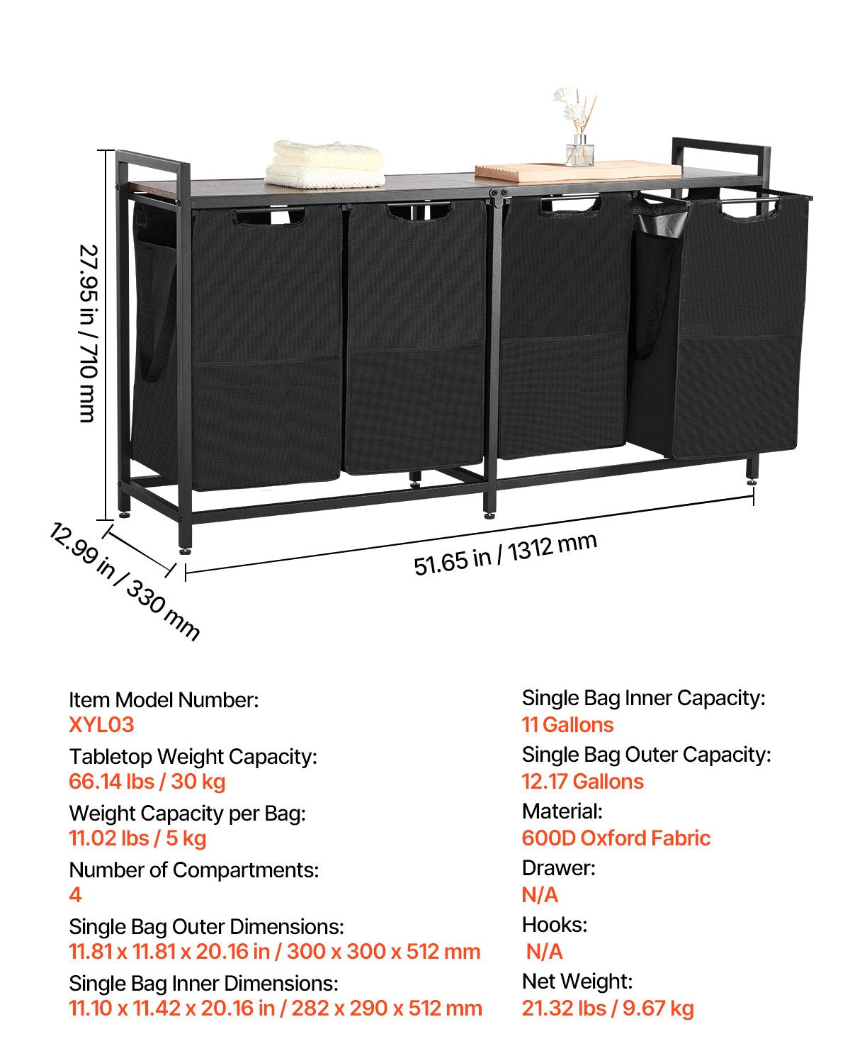 4 Section Laundry Sorter, Large Laundry Hamper with Metal Frame and Wooden Tabletop, Freestanding Storage Organizer Baskets with Pull-Out 600D Oxford Cloth Bags for Dirty Clothes, Bathroom