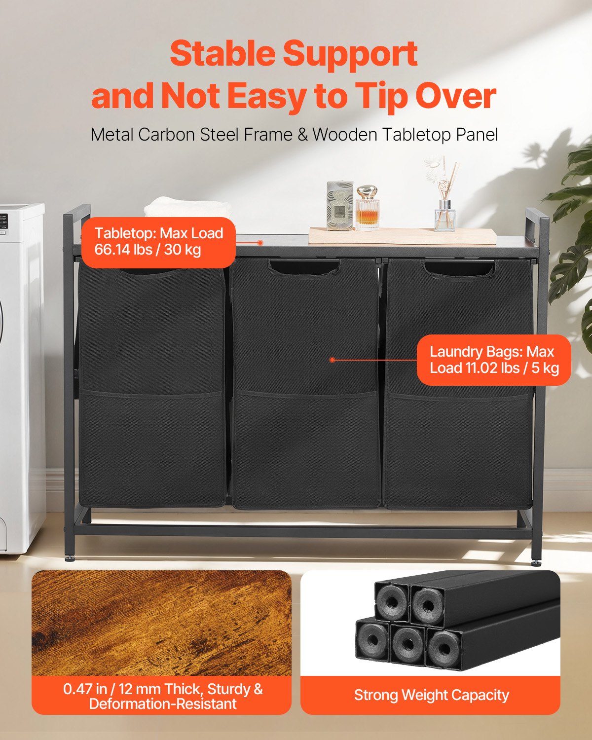 3 Section Laundry Sorter, Large Laundry Hamper with Metal Frame and Wooden Tabletop, Freestanding Storage Organizer Baskets with Pull-Out 600D Oxford Cloth Bags for Dirty Clothes, Bathroom