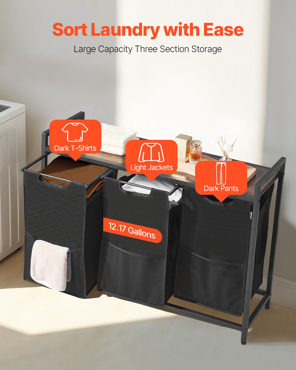 3 Section Laundry Sorter, Large Laundry Hamper with Metal Frame and Wooden Tabletop, Freestanding Storage Organizer Baskets with Pull-Out 600D Oxford Cloth Bags for Dirty Clothes, Bathroom