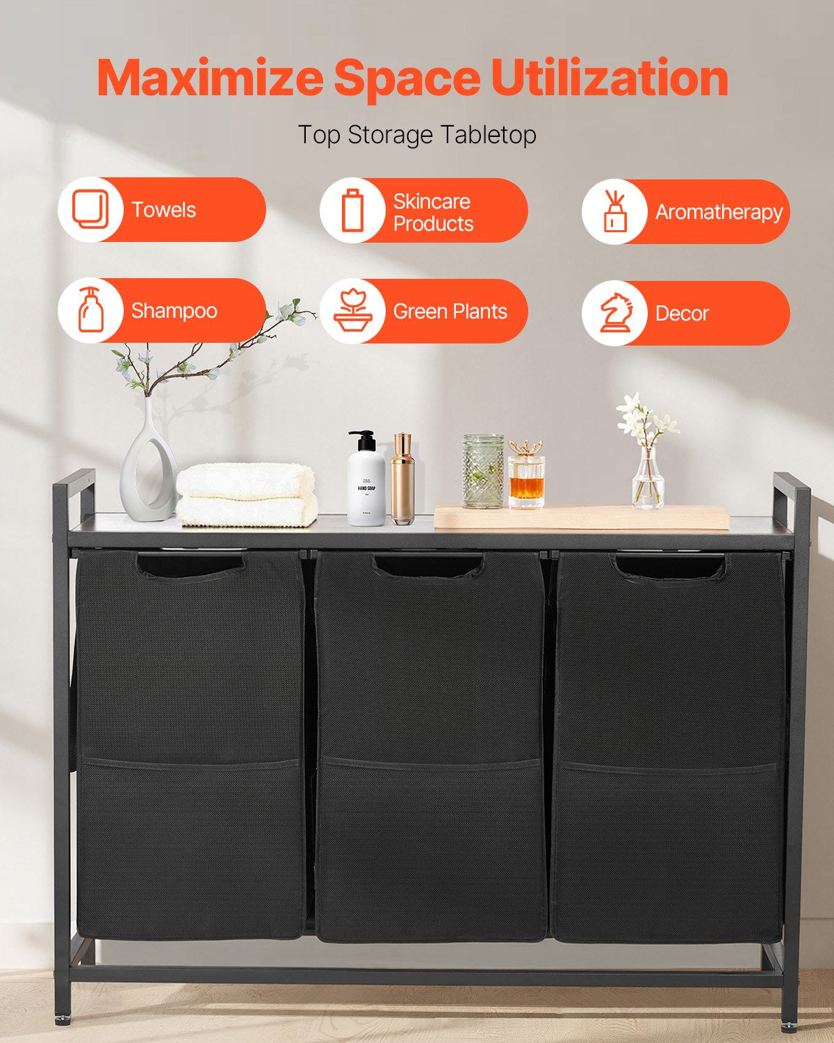 3 Section Laundry Sorter, Large Laundry Hamper with Metal Frame and Wooden Tabletop, Freestanding Storage Organizer Baskets with Pull-Out 600D Oxford Cloth Bags for Dirty Clothes, Bathroom