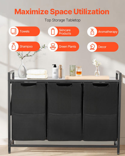 3 Section Laundry Sorter, Large Laundry Hamper with Metal Frame and Wooden Tabletop, Freestanding Storage Organizer Baskets with Pull-Out 600D Oxford Cloth Bags for Dirty Clothes, Bathroom