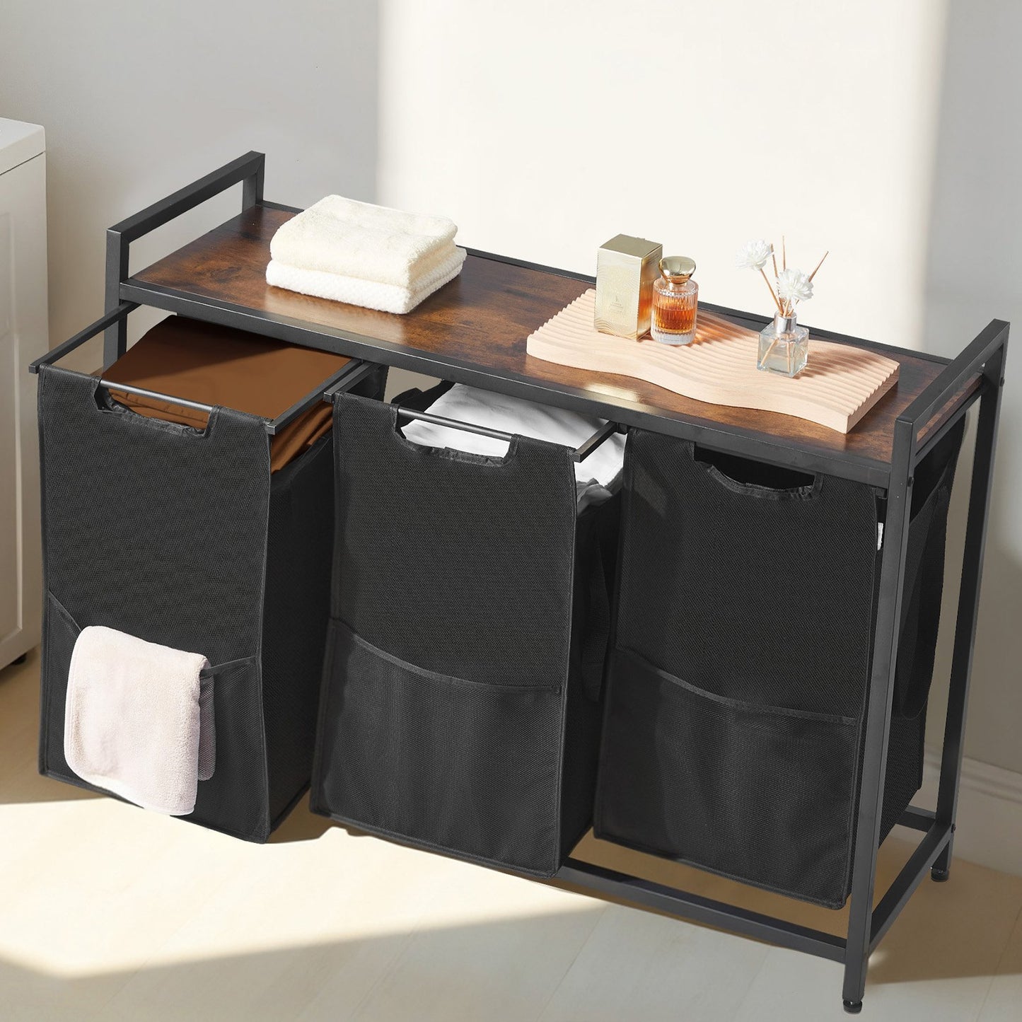 3 Section Laundry Sorter, Large Laundry Hamper with Metal Frame and Wooden Tabletop, Freestanding Storage Organizer Baskets with Pull-Out 600D Oxford Cloth Bags for Dirty Clothes, Bathroom