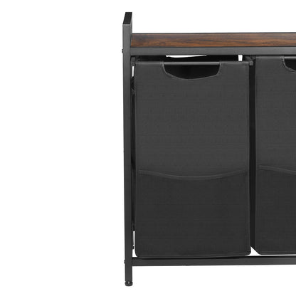 3 Section Laundry Sorter, Large Laundry Hamper with Metal Frame and Wooden Tabletop, Freestanding Storage Organizer Baskets with Pull-Out 600D Oxford Cloth Bags for Dirty Clothes, Bathroom