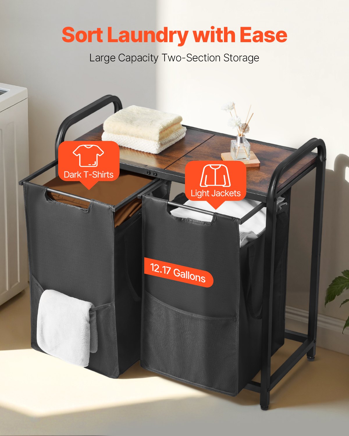 2 Section Laundry Sorter, Large Laundry Hamper with Metal Frame and Wooden Tabletop, Freestanding Storage Organizer Baskets with Pull-Out 600D Oxford Cloth Bags for Dirty Clothes, Bathroom