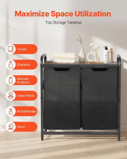 2 Section Laundry Sorter, Large Laundry Hamper with Metal Frame and Wooden Tabletop, Freestanding Storage Organizer Baskets with Pull-Out 600D Oxford Cloth Bags for Dirty Clothes, Bathroom
