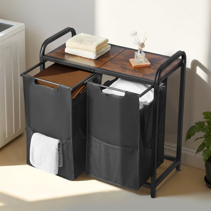 2 Section Laundry Sorter, Large Laundry Hamper with Metal Frame and Wooden Tabletop, Freestanding Storage Organizer Baskets with Pull-Out 600D Oxford Cloth Bags for Dirty Clothes, Bathroom