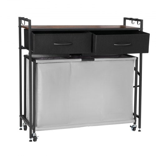 3 Section Laundry Sorter, Rolling Laundry Hamper with 2 Drawers, Hooks & Wheels, Rolling Basket Organizer Storage with Pull-Out Rolling Bags and Wooden Tabletop for Dirty Clothes, Bathroom