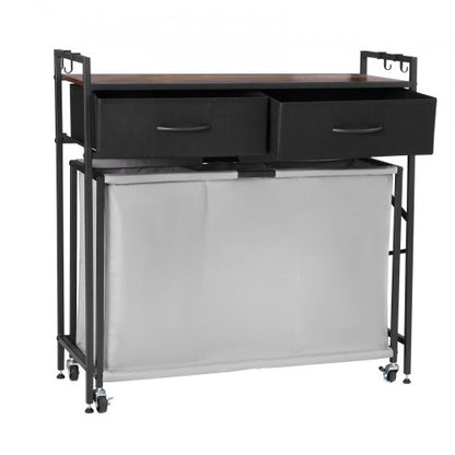 3 Section Laundry Sorter, Rolling Laundry Hamper with 2 Drawers, Hooks & Wheels, Rolling Basket Organizer Storage with Pull-Out Rolling Bags and Wooden Tabletop for Dirty Clothes, Bathroom