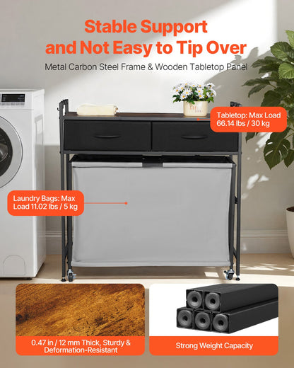 3 Section Laundry Sorter, Rolling Laundry Hamper with 2 Drawers, Hooks & Wheels, Rolling Basket Organizer Storage with Pull-Out Rolling Bags and Wooden Tabletop for Dirty Clothes, Bathroom