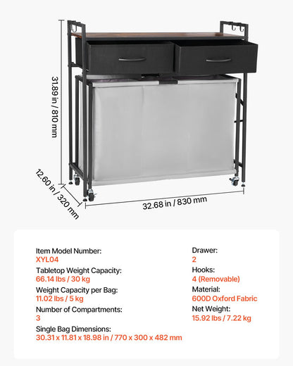 3 Section Laundry Sorter, Rolling Laundry Hamper with 2 Drawers, Hooks & Wheels, Rolling Basket Organizer Storage with Pull-Out Rolling Bags and Wooden Tabletop for Dirty Clothes, Bathroom