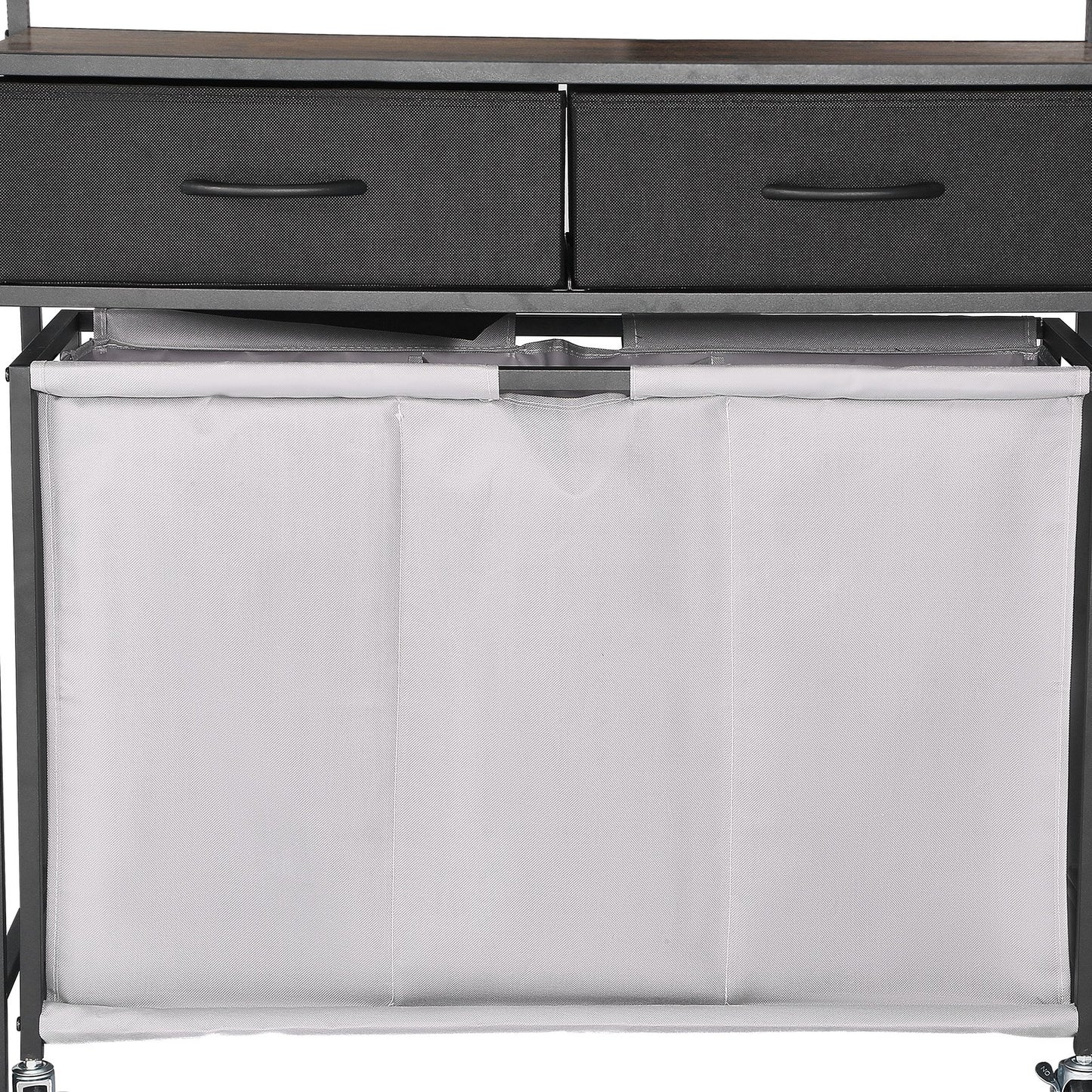 3 Section Laundry Sorter, Rolling Laundry Hamper with 2 Drawers, Hooks & Wheels, Rolling Basket Organizer Storage with Pull-Out Rolling Bags and Wooden Tabletop for Dirty Clothes, Bathroom