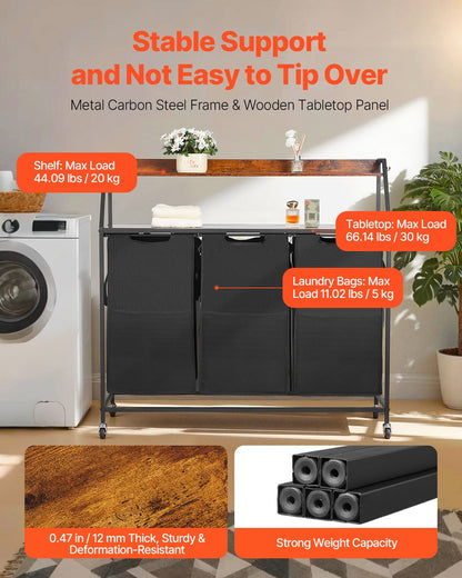 2 Tiers Laundry Sorter, Tall Laundry Hamper with Metal Frame and Wooden Tabletop, 3 Section Rolling Basket Organizer Storage with Ladder Shelves and 600D Oxford Cloth Bags for Dirty Clothes