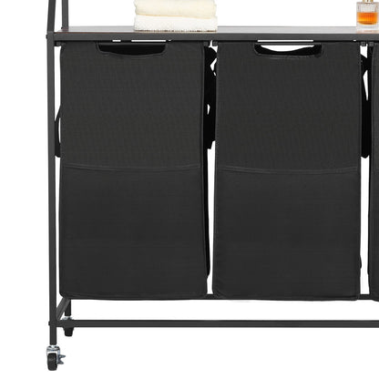 2 Tiers Laundry Sorter, Tall Laundry Hamper with Metal Frame and Wooden Tabletop, 3 Section Rolling Basket Organizer Storage with Ladder Shelves and 600D Oxford Cloth Bags for Dirty Clothes