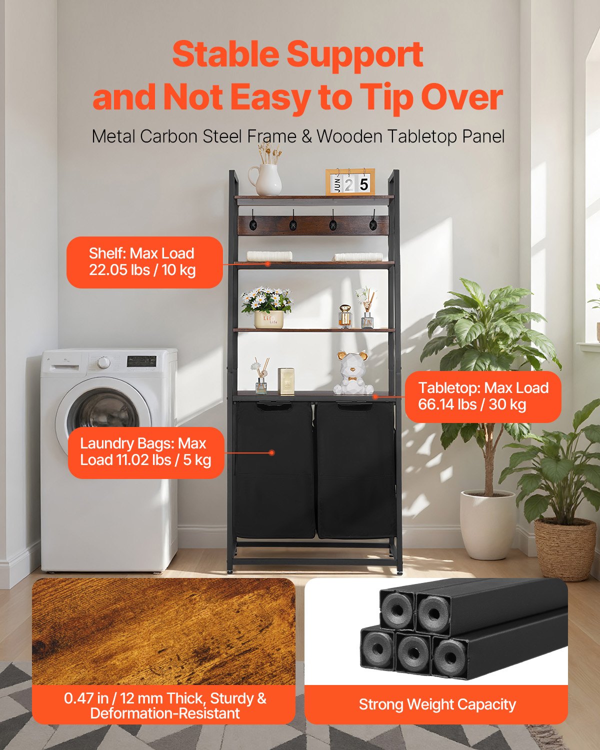 4 Tiers Laundry Sorter, Tall Laundry Hamper with Shelves and Hooks, 2 Section Freestanding Basket Organizer Storage with 600D Oxford Cloth Bags and Ladder Shelves for Dirty Clothes, Bathroom