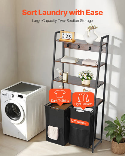 4 Tiers Laundry Sorter, Tall Laundry Hamper with Shelves and Hooks, 2 Section Freestanding Basket Organizer Storage with 600D Oxford Cloth Bags and Ladder Shelves for Dirty Clothes, Bathroom