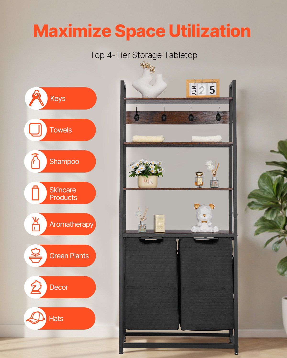 4 Tiers Laundry Sorter, Tall Laundry Hamper with Shelves and Hooks, 2 Section Freestanding Basket Organizer Storage with 600D Oxford Cloth Bags and Ladder Shelves for Dirty Clothes, Bathroom