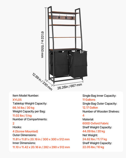 4 Tiers Laundry Sorter, Tall Laundry Hamper with Shelves and Hooks, 2 Section Freestanding Basket Organizer Storage with 600D Oxford Cloth Bags and Ladder Shelves for Dirty Clothes, Bathroom