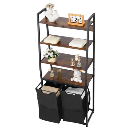 4 Tiers Laundry Sorter, Tall Laundry Hamper with Shelves and Hooks, 2 Section Freestanding Basket Organizer Storage with 600D Oxford Cloth Bags and Ladder Shelves for Dirty Clothes, Bathroom