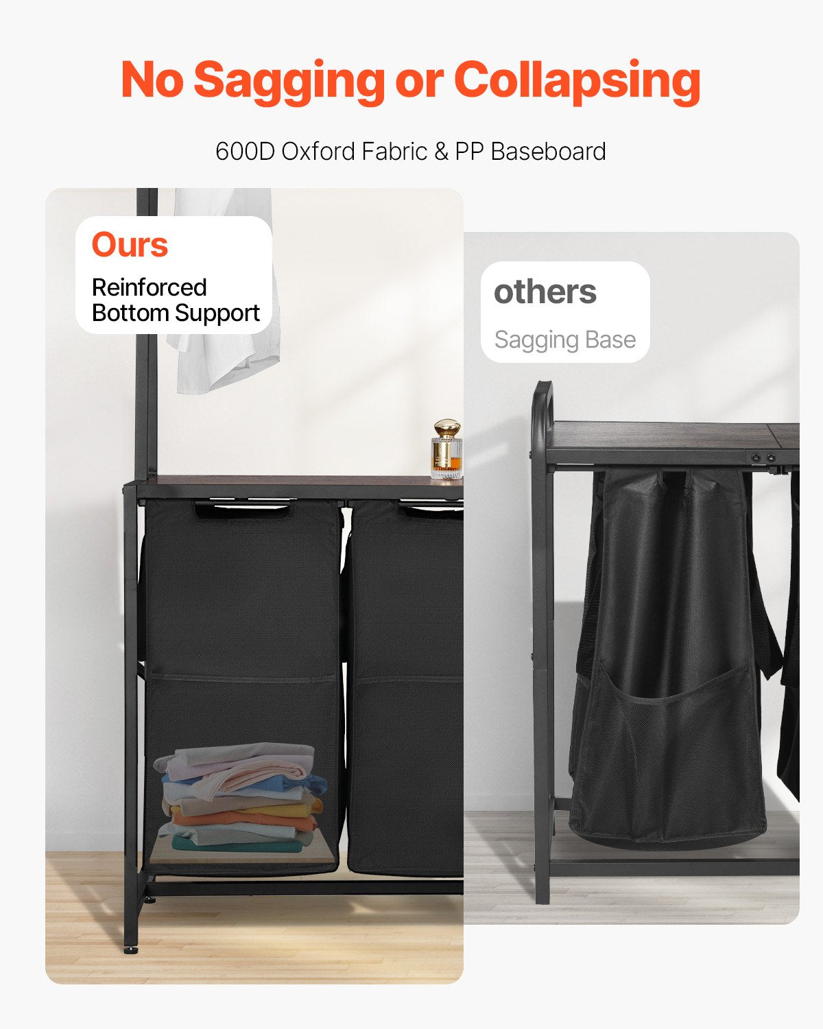 3 Tiers Laundry Sorter with Rack, Tall Laundry Hamper with Shelves and Drawers, 2 Section Freestanding Hanging Rack Storage with 600D Oxford Cloth Bags and Ladder Shelves for Dirty Clothes