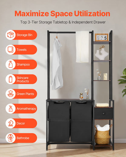 3 Tiers Laundry Sorter with Rack, Tall Laundry Hamper with Shelves and Drawers, 2 Section Freestanding Hanging Rack Storage with 600D Oxford Cloth Bags and Ladder Shelves for Dirty Clothes